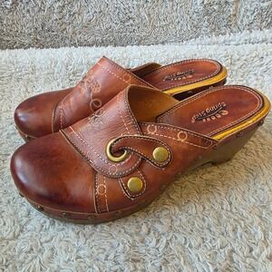 Spring Step Brown Leather Clogs Women's EU 38 Wedge Studded Floral Arty 7.5 NEW